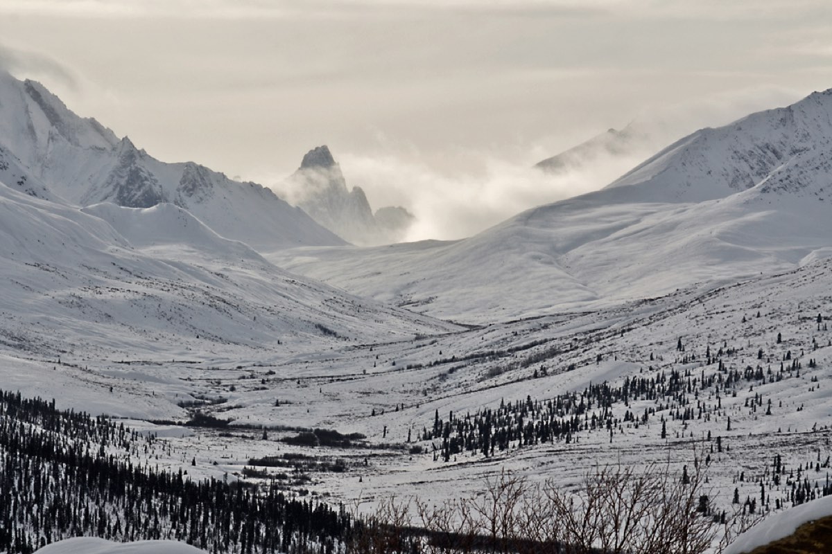The snow-covered Tombstone Range in the Yukon in winter
