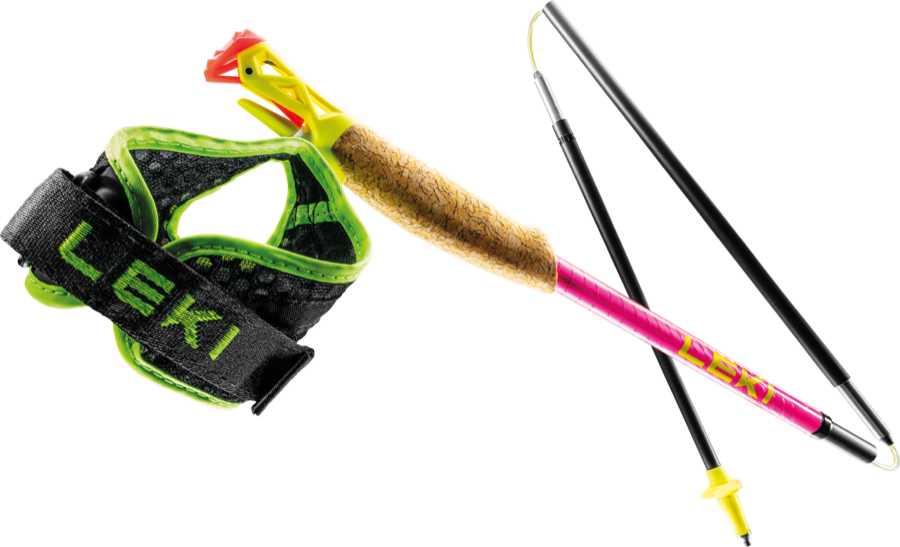 LEKI Ultratrail FX.One Superlite carbon trail running pole folded, with the wrist strap that clips into the grip