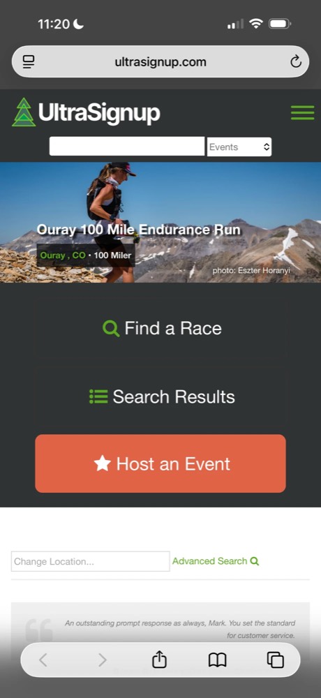 UltraSignup home page on a phone with the Find a Race button
