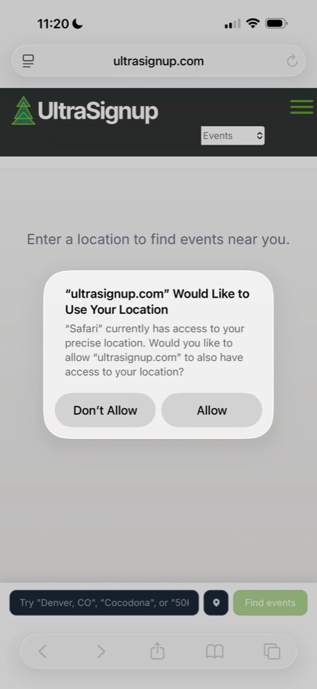 Phone prompt asking to allow ultrasignup.com to use your location