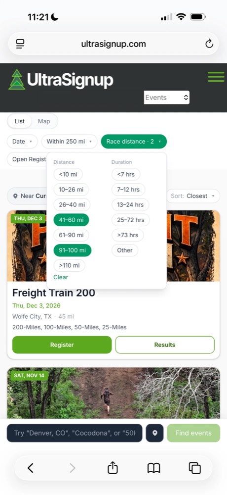 UltraSignup race distance filter with 41 to 60 miles and 91 to 100 miles selected