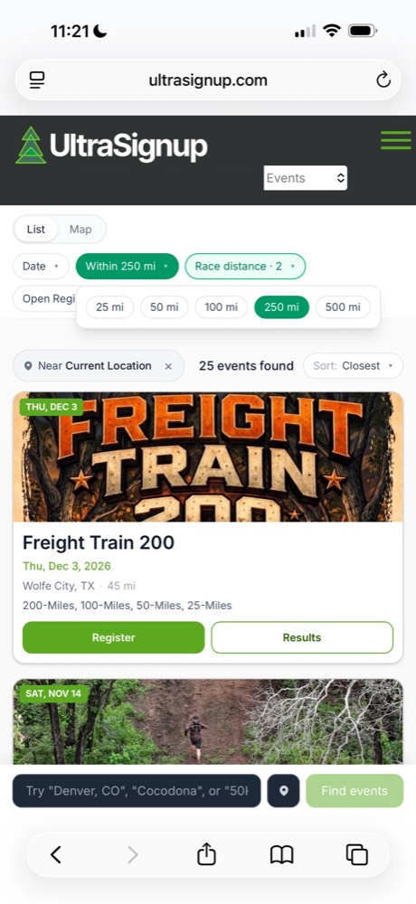 UltraSignup travel radius filter set to within 250 miles showing 25 events found