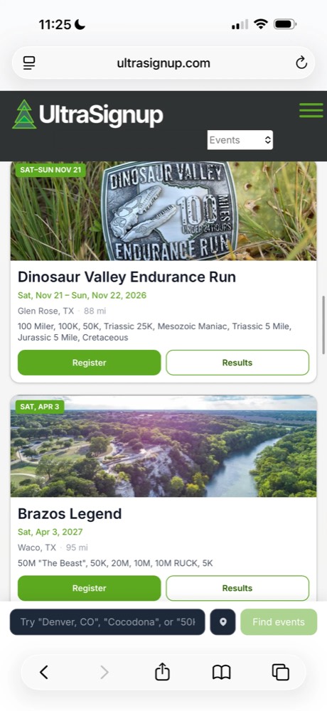 UltraSignup search results showing Dinosaur Valley Endurance Run and Brazos Legend with dates, locations and distances
